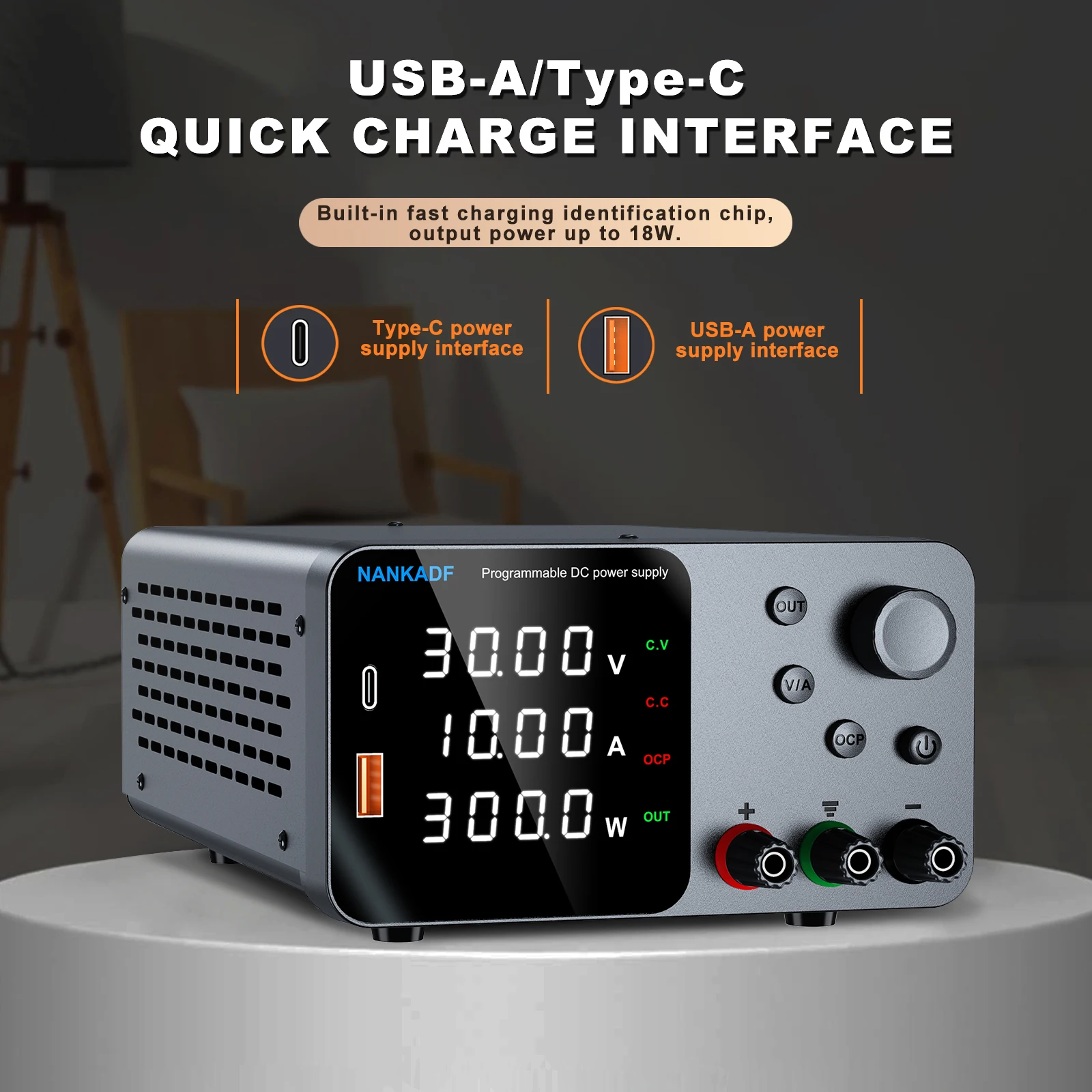 Fuente de alimentación CC ajustable de laboratorio de 30 V, 5 A, 10 A con pantalla LED de 4 dígitos; Carga rápida USB-A/Tipo-C 5 V/3.6 A con ajuste del codificador