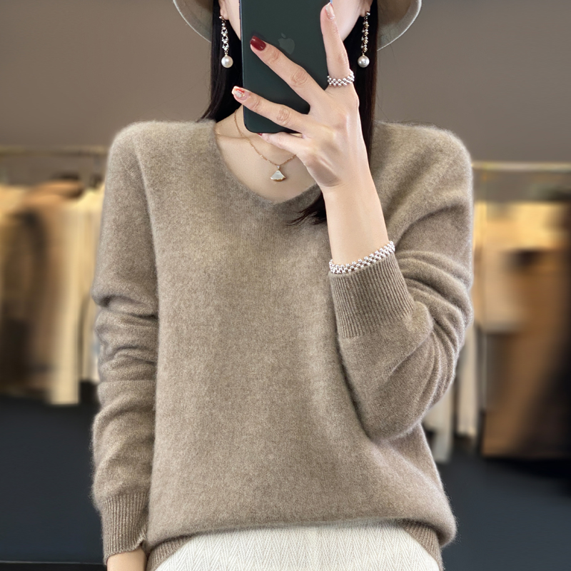 Novo 100% suéter de lã pura Merino no outono e inverno feminino com decote em V de malha de manga comprida suéter quente de cor sólida