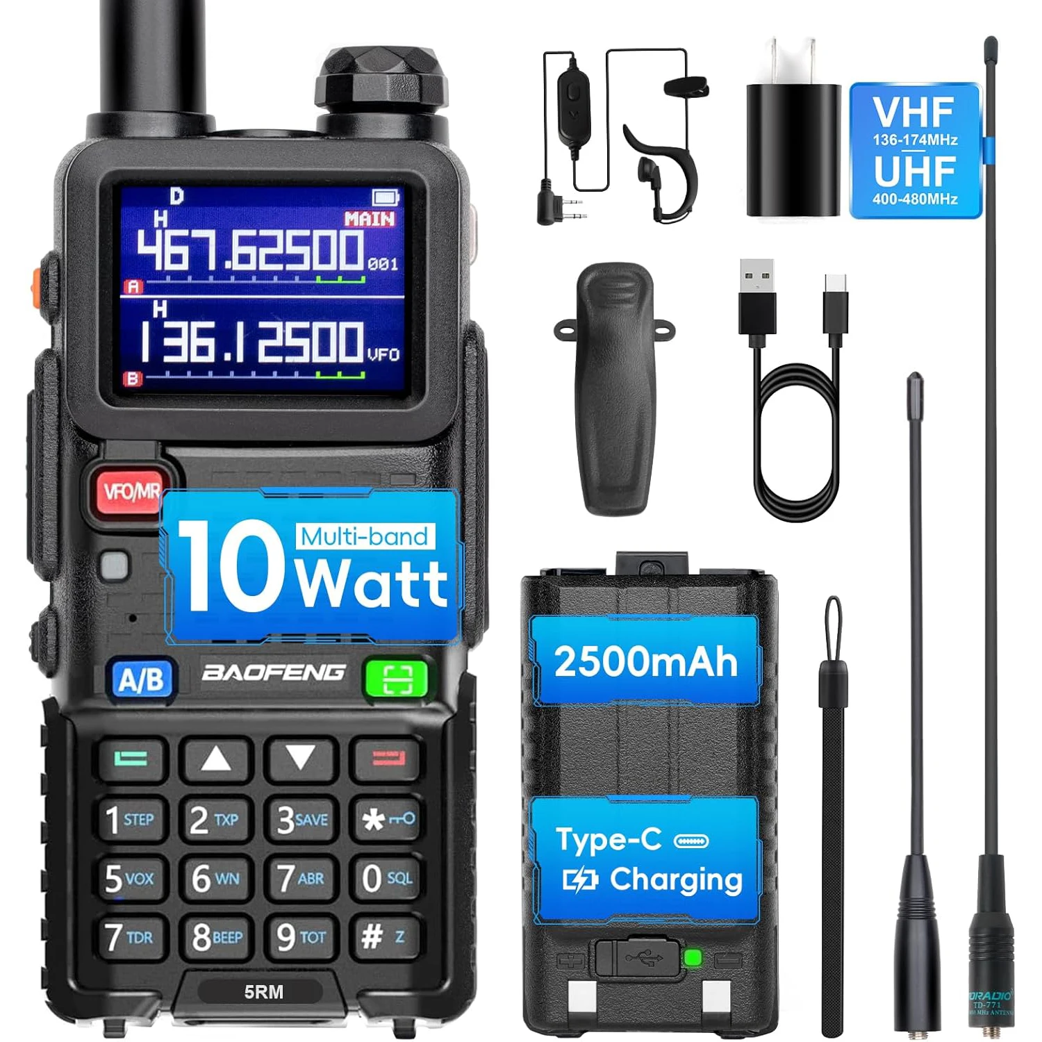 BAOFENG 5RM 10W Radioaficionado de largo alcance UV5RM GMRS Radio portátil Radio bidireccional NOAA receptor meteorológico recargable paseo de largo alcance