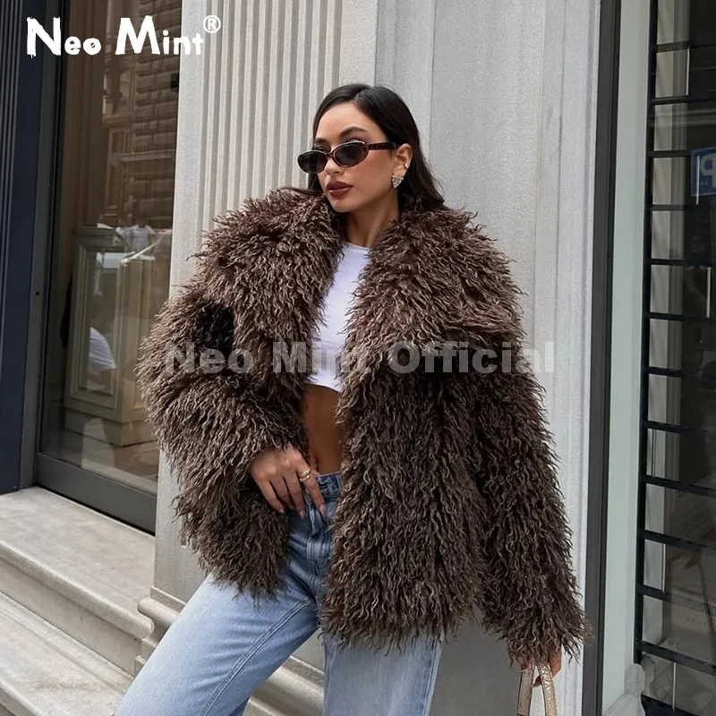 Neo mint 2025 inverno lulicore moda marrom casaco de pele do falso feminino chique outono quente fofo jaqueta de pele de ovelha grande gola de pele casaco