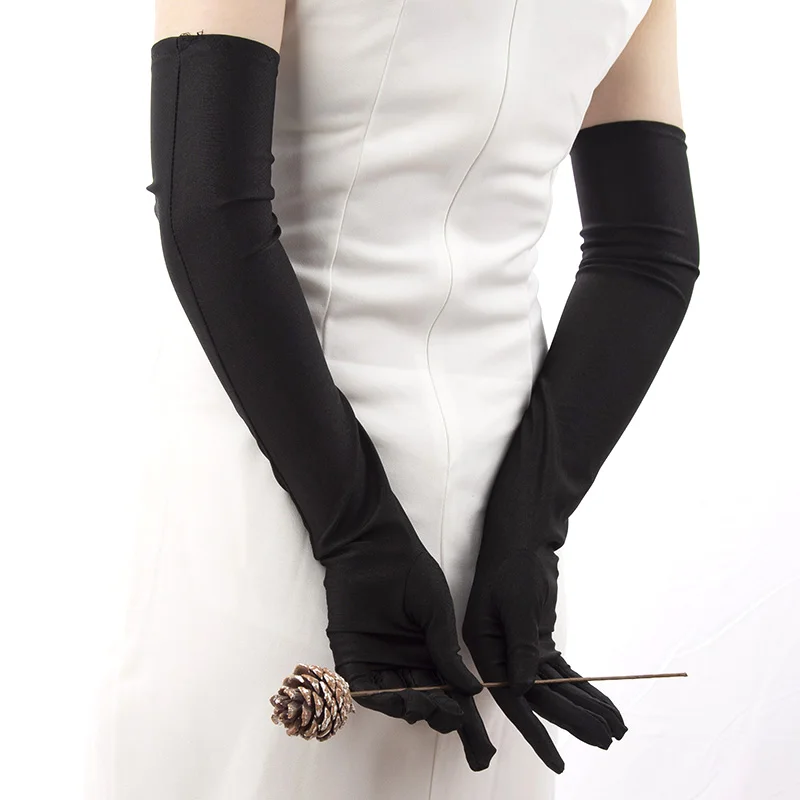 Classique femmes adulte noir blanc rouge gris opéra/coude extensible Satin doigt longs gants femmes clapet gants correspondant Costume