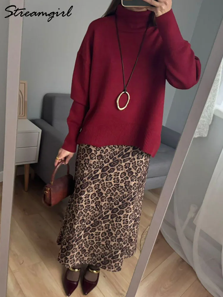 ฤดูหนาว Burgundy เสื้อกันหนาวผู้หญิงเสื้อคอเต่า WARM Pullovers ถักเสื้อสีน้ําตาลจัมเปอร์ผู้หญิงขนาดใหญ่หนา Basic เสื้อกันหนาวผู้หญิง