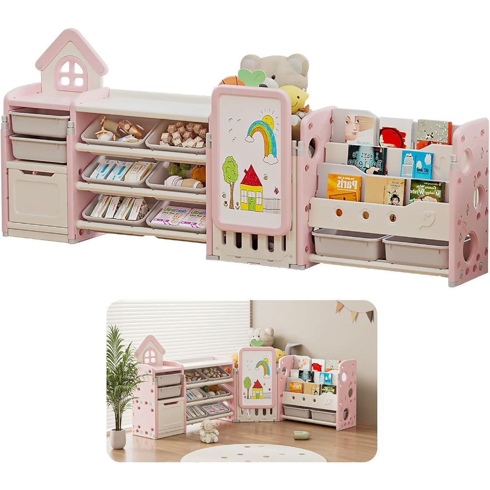 Kids Multifunctional Toy Storage Organizer with 3-Tier Bookshelf, Storage Rack & Drawing Board, Flexible L Shaped Organizer