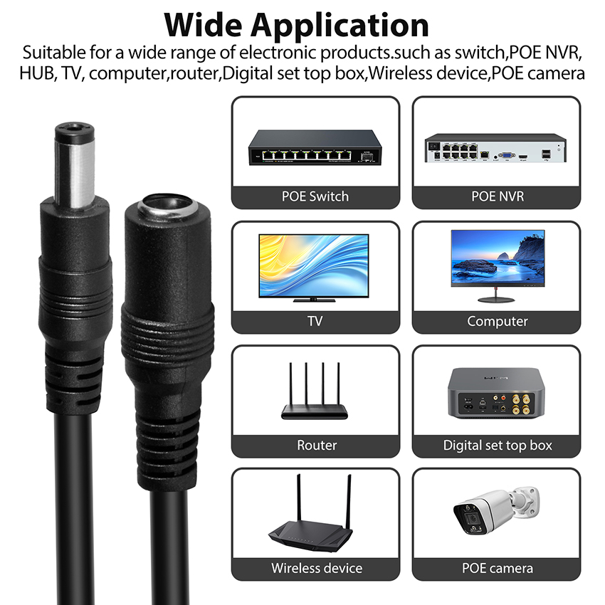 Uvusee cctv 10 metros 5m 15m 20 metros 2.1x5.5mm dc 12v cabo de extensão de alimentação para câmeras de segurança de áudio câmera ip dvr autônomo