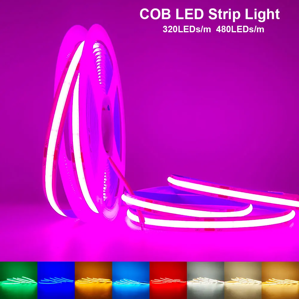 Tira de luces LED COB 12V 24V 320/480LEDs/m cinta de luces Led FOB Flexible de alta densidad iluminación roja/verde/azul/rosa/azul hielo/amarilla