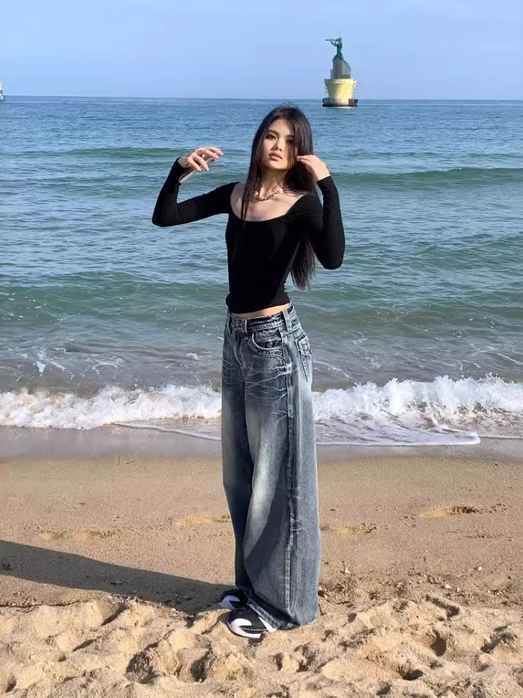 HOUZHOU Y2k Vintage 90s ropa de calle pantalones de pierna ancha de cintura alta americano Retro Grunge Casual HipHop pantalones vaqueros holgados de gran tamaño 2024