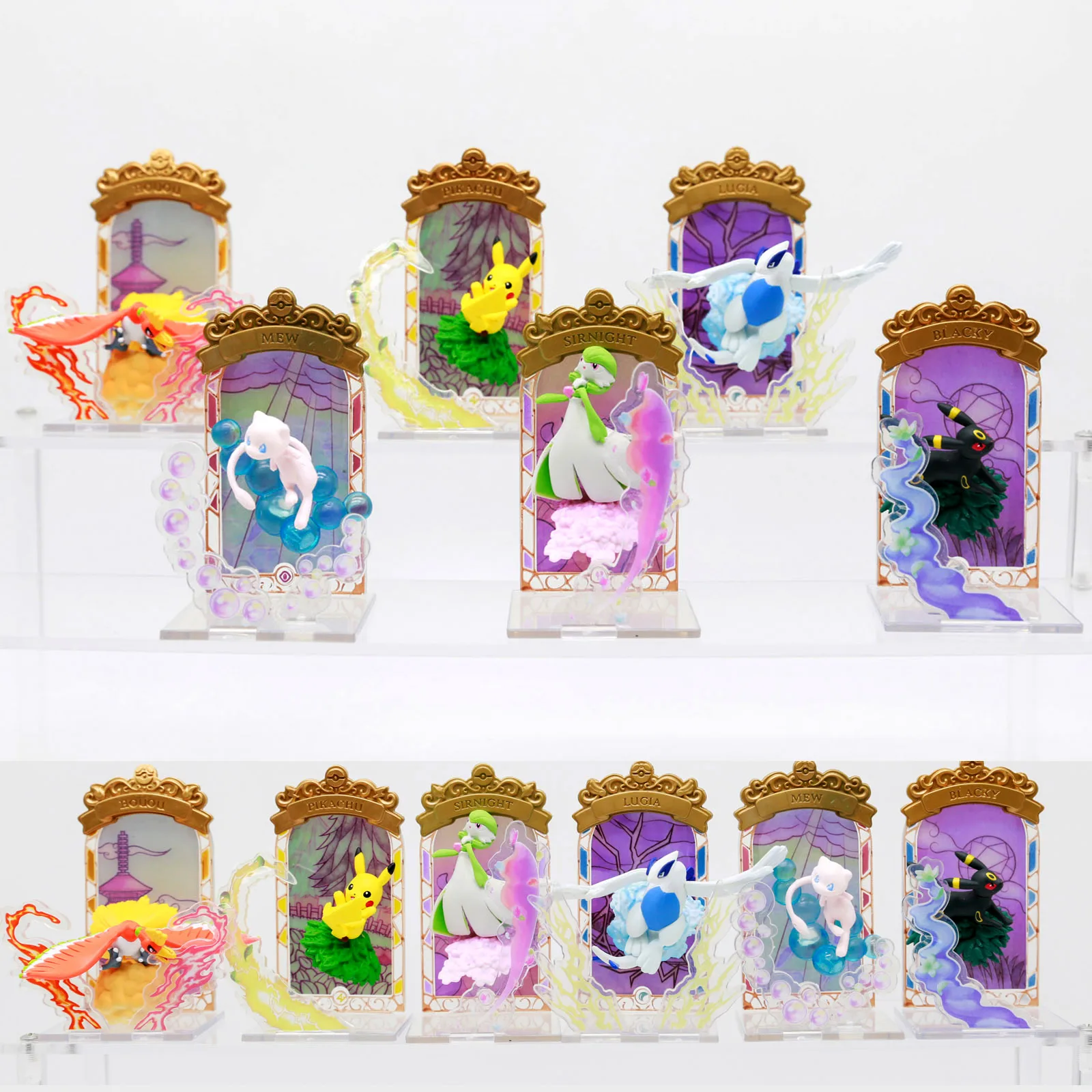 Pokemon miniatura vidrieras escena accesorios caja ciega recoger Houou Mew Lugia Umbreon Gardevoir Linda figura adornos juguetes regalos