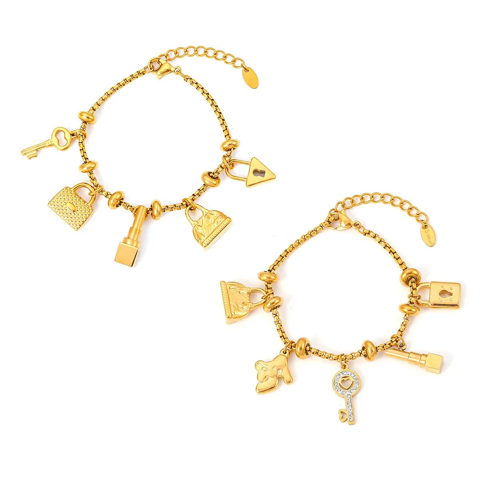 Pulseira ajustável estilo INS – joias modernas retrô de aço titânio banhado a ouro 18K com pingentes incrustados de diamantes de vários elementos