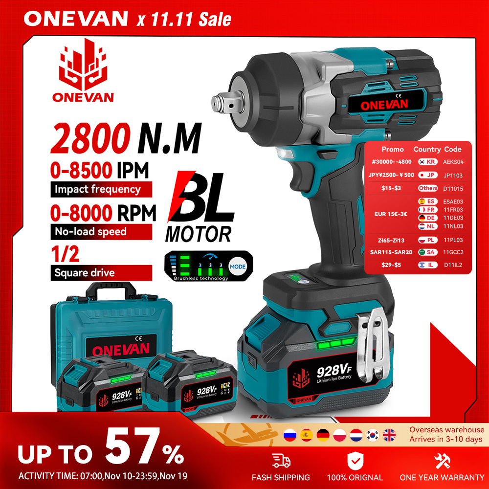 ONEVAN 2800N.M бесщеточный электрический ударный гайковерт 1/2 дюйма аккумуляторный динамометрический ключ отвертка электроинструмент для Makita 18 В аккумуляторный штифт