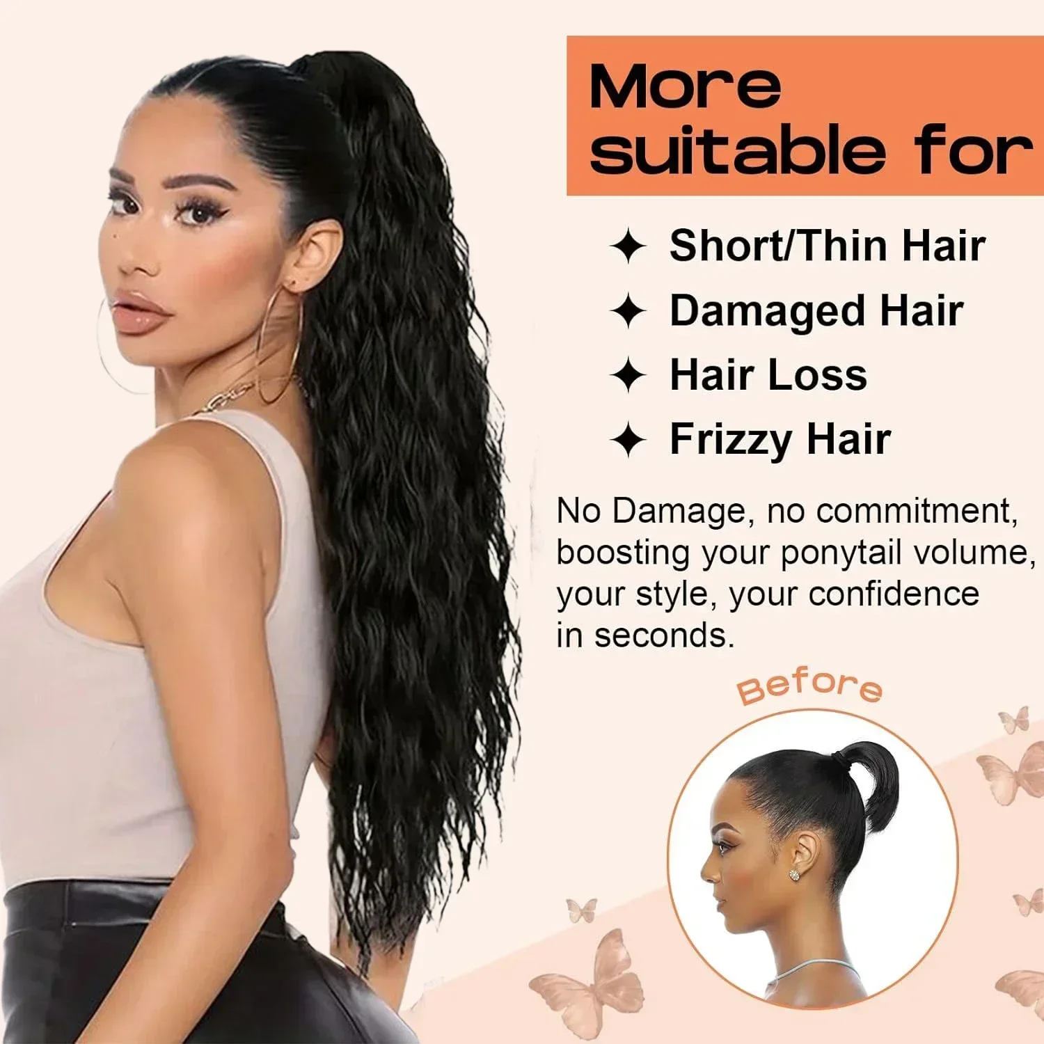28 นิ้วยาวต่อผมหางม้า Curly Wavy Claw คลิปปลอม Pony Tail ผมชิ้นธรรมชาติ Fluffy สังเคราะห์หางม้าสําหรับผู้หญิง