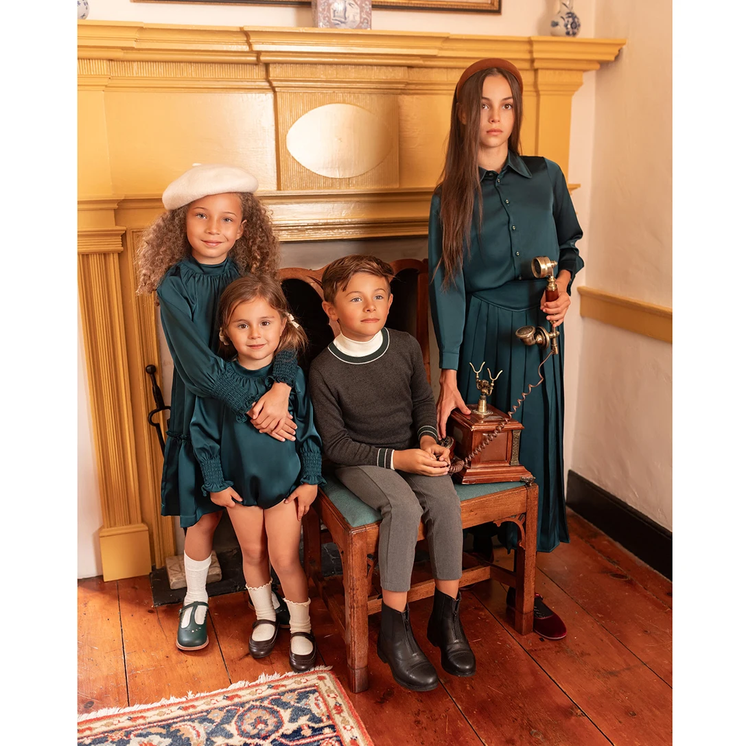 AP Vintage Satin Collection AW25 Girls Satin Dress Maxi Pleated Clothing Set Boys O-neck Sweater Modal Moc Neck