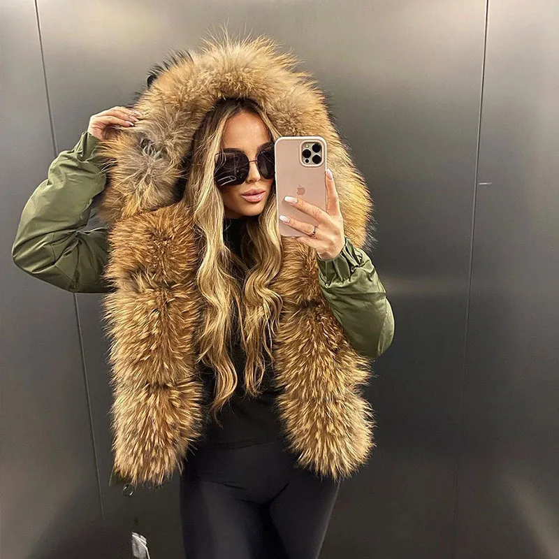 MAOMAOKONG 2024 Mode Kurze frauen Echt Fox Pelzmantel Natürliche Große Waschbären Pelz Kragen Winter Parka Bomber Jacke wasserdicht