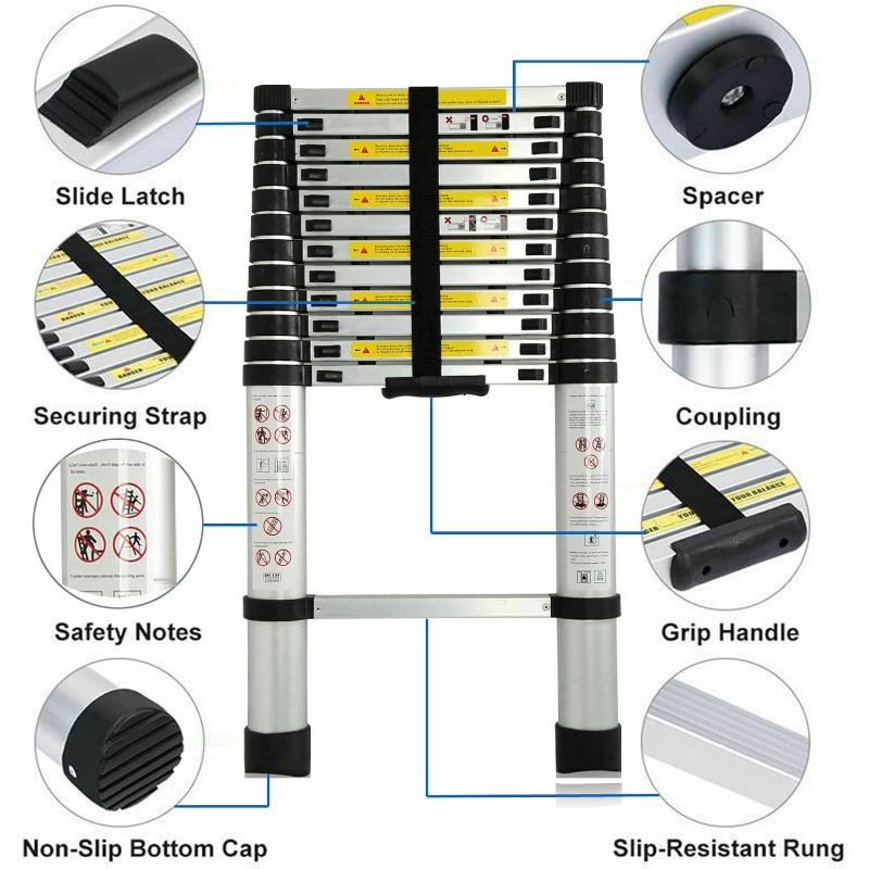 Aluminum Telescoping Portable Extension Ladder - 12.5FT Anti-Slip, Multi-Purpose Lightweight Folding Ladder for Home, Outdoor
