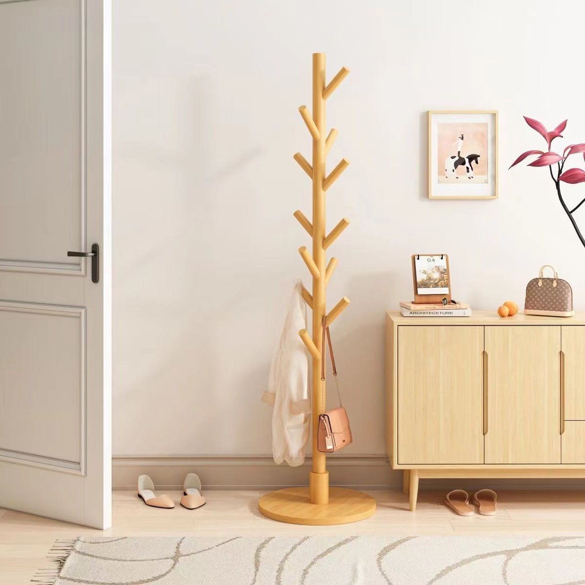 Solid Wood Coat Rack Modern Clothes Hanger Stand For Bedroom Living Room Entryway Sturdy Hat Scarf Bag Organizer Natural Wooden