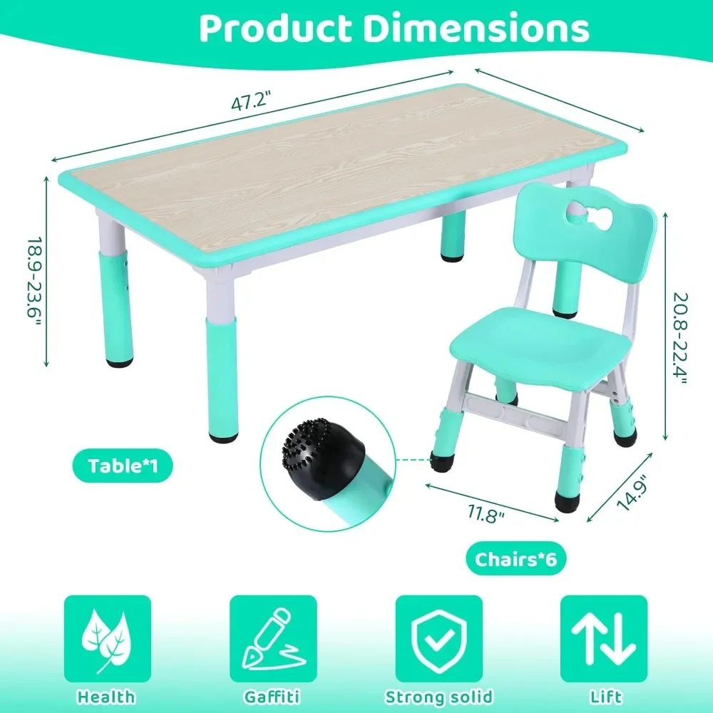 Kids Table and 6 Chairs Set, Height Adjustable Graffiti Table, Preschool Activity Art Craft Table, for Daycare Classroom
