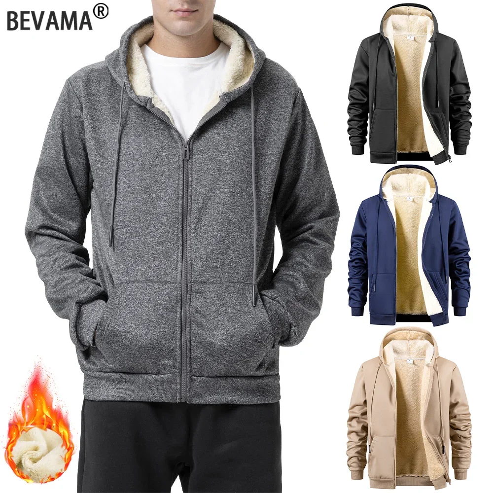 Jaqueta masculina de inverno com zíper, lã quente com capuz, cardigã pesado, casual, esportivo, manga comprida, casaco com capuz à prova de vento