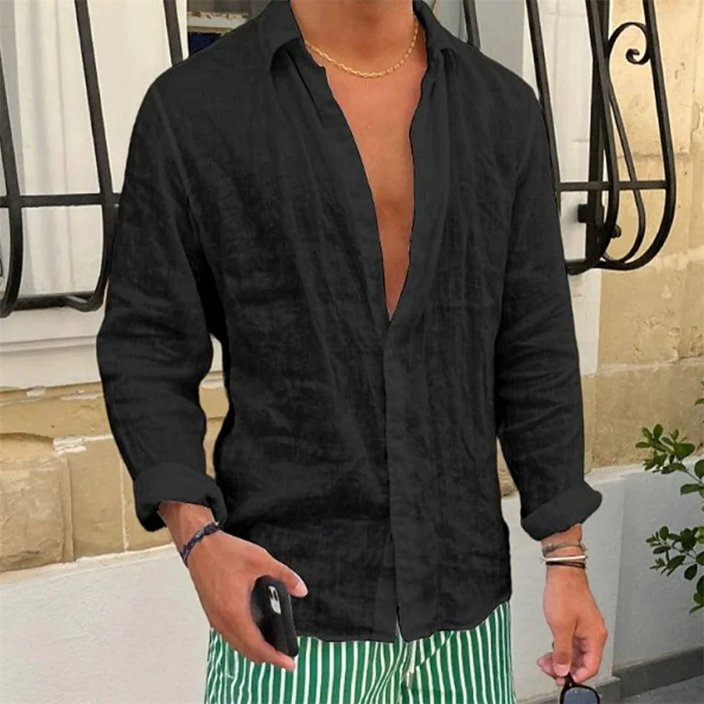 Camisa de lino y algodón para hombre, Tops informales de manga larga de Color sólido con solapa ajustada, estilo básico, transpirables, con botones, primavera y otoño