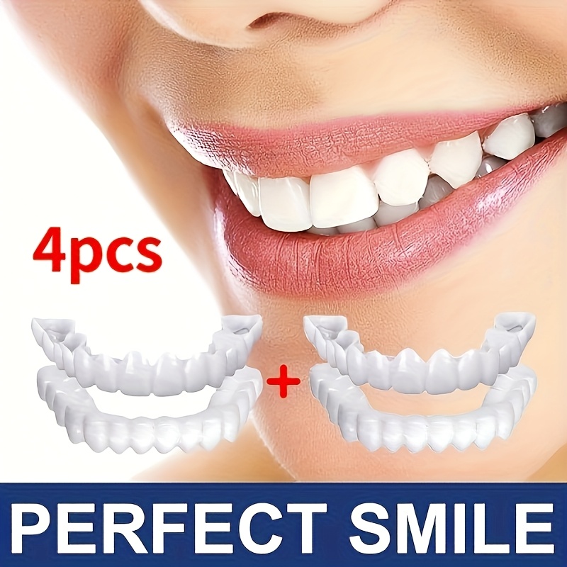 4 piezas de dentaduras postizas blancas: dentaduras superiores e inferiores ajustables para hombres y mujeres, ajuste cómodo y sonrisa natural