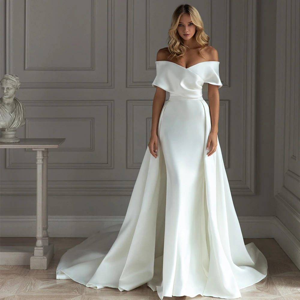 Abito da sposa bianco staccabile con scollo a cuore in raso con sirena al largo della spalla Abiti da sposa Abiti da sposa su misura