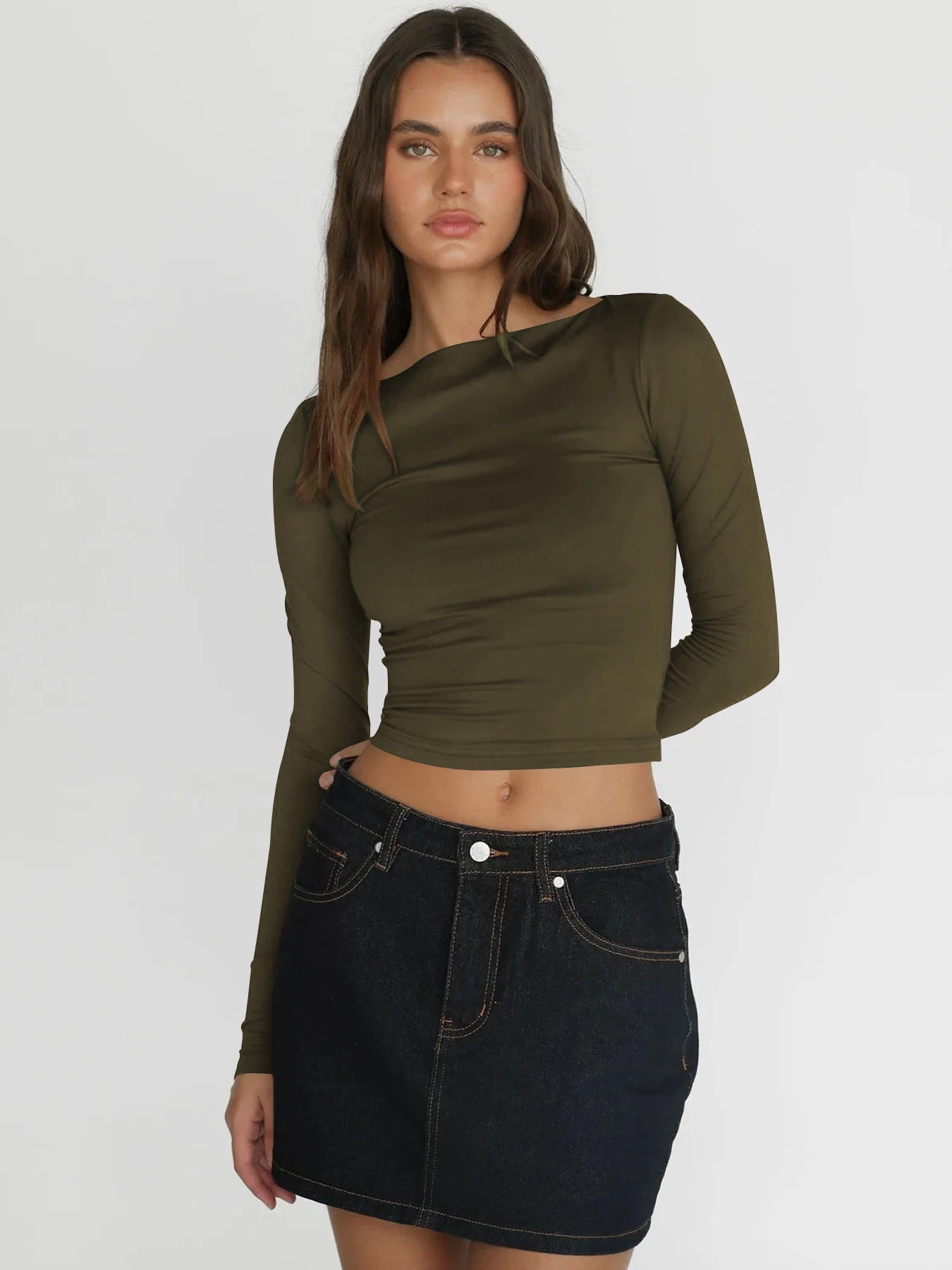 เสื้อแขนยาวผู้หญิงฤดูใบไม้ร่วงฤดูหนาวY2k Crop Top Casual Slim Fit Pullovers Solid Oคอเสื้อยืดStreetwearหญิงBasic Tee