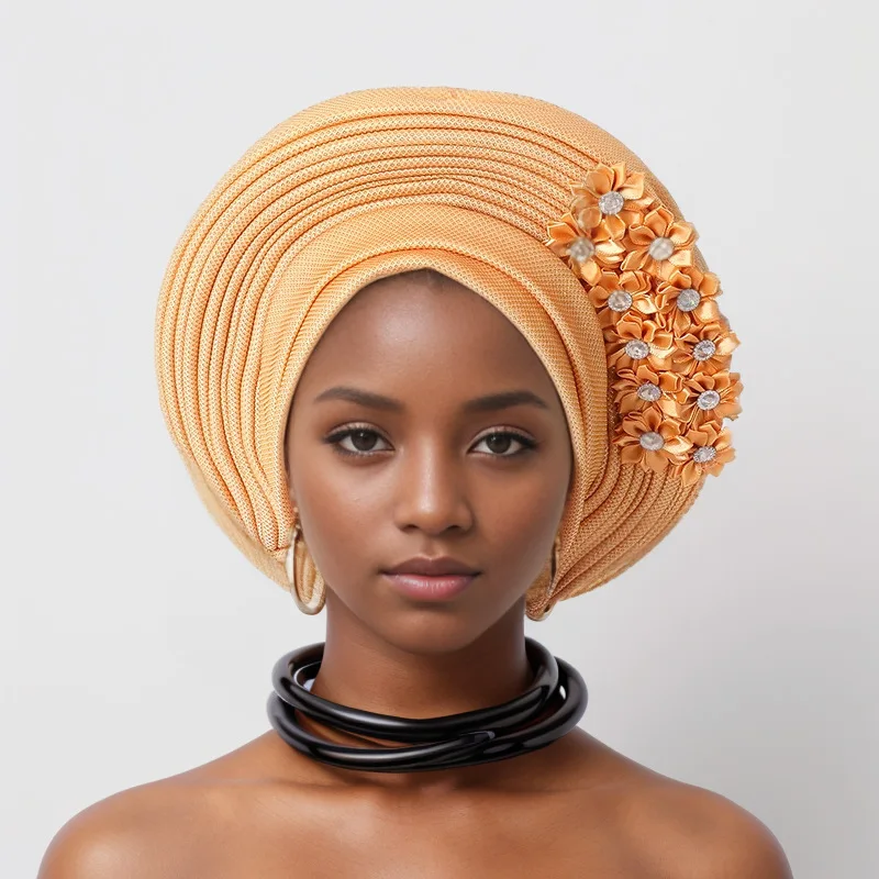Ślubny czerwony wielowarstwowy turban kapelusz afrykański w kształcie wachlarza opaski na głowę plisowane nakrycia głowy z kryształową Nigeria nakrycie głowy Auto Gele
