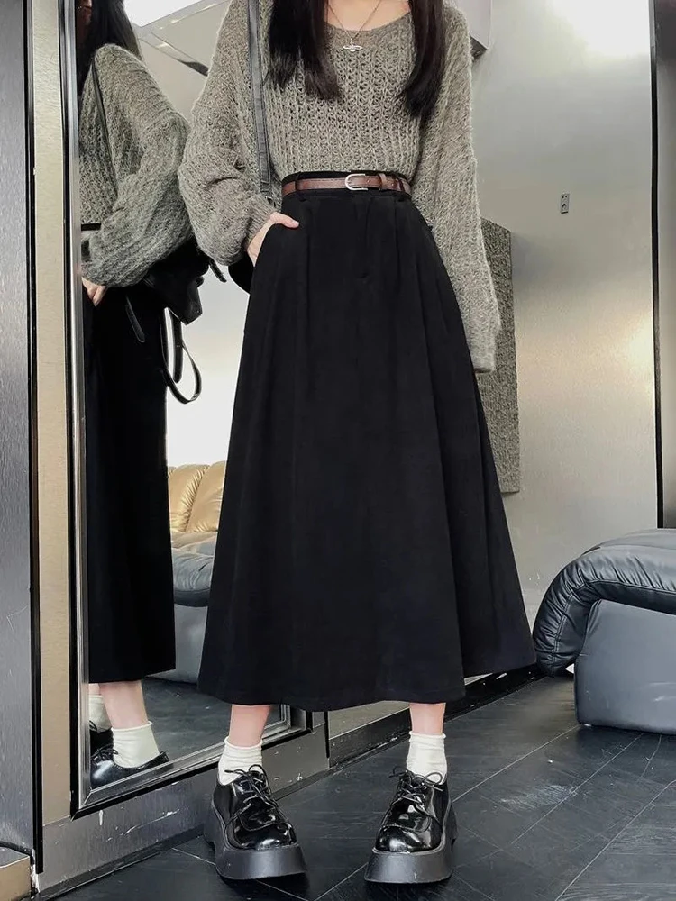 Vintage Corduroy met Riem Midi Rokken Vrouwen Y2K Herfst Winter Hoge Taille Plooirok Dames Streetwear Alle Match Een Lijn Rok