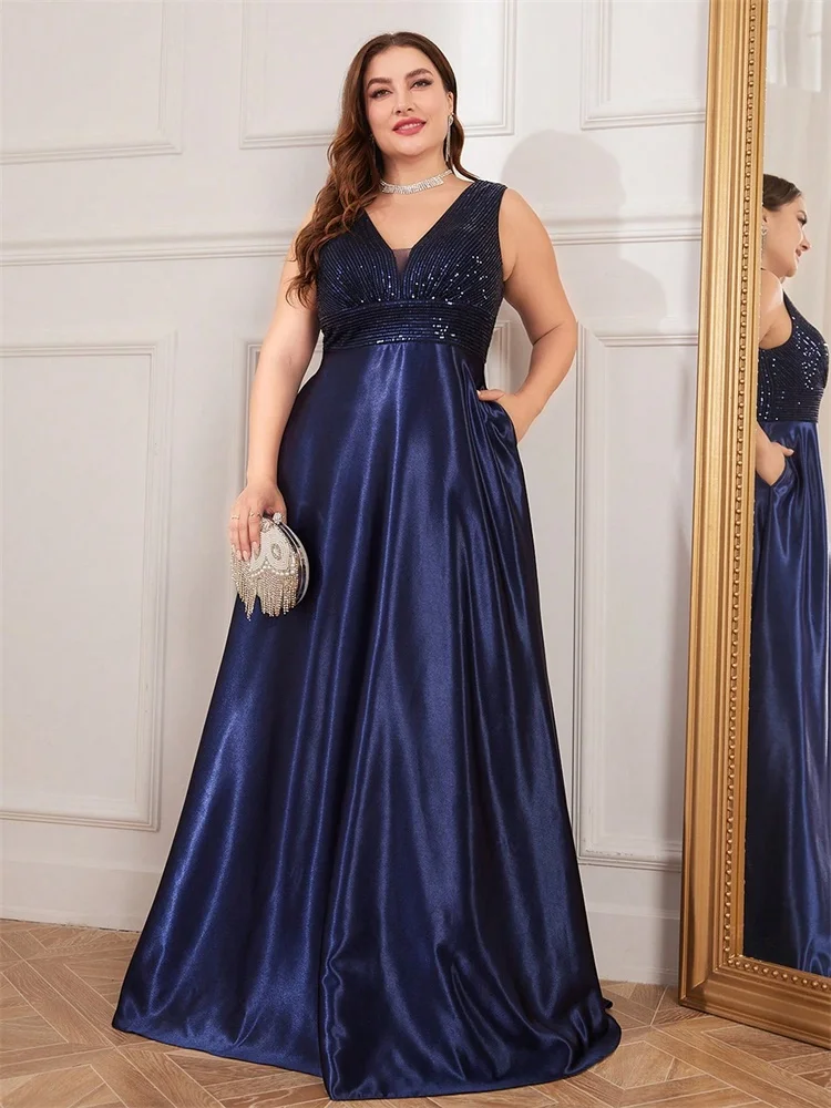 Plus size elegante lantejoulas vestido de noite para mulher 2025 profundo decote em v cetim vestido de festa de baile até o chão vestidos formais de dama de honra