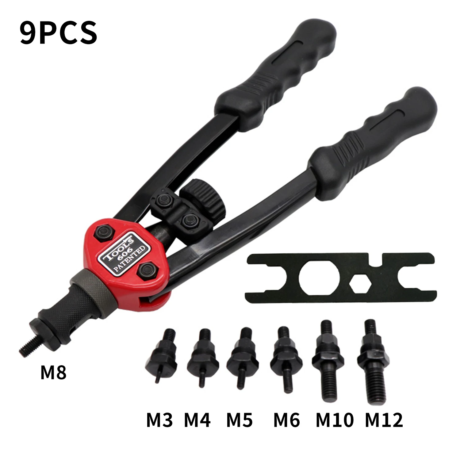 9PCS Riveter Gun Tool Set Threaded Hand Rivet Nut Gun M3 M4 M5 M6 M8 M10 M12 Double Insert Manual Double Handle Riveter Tool