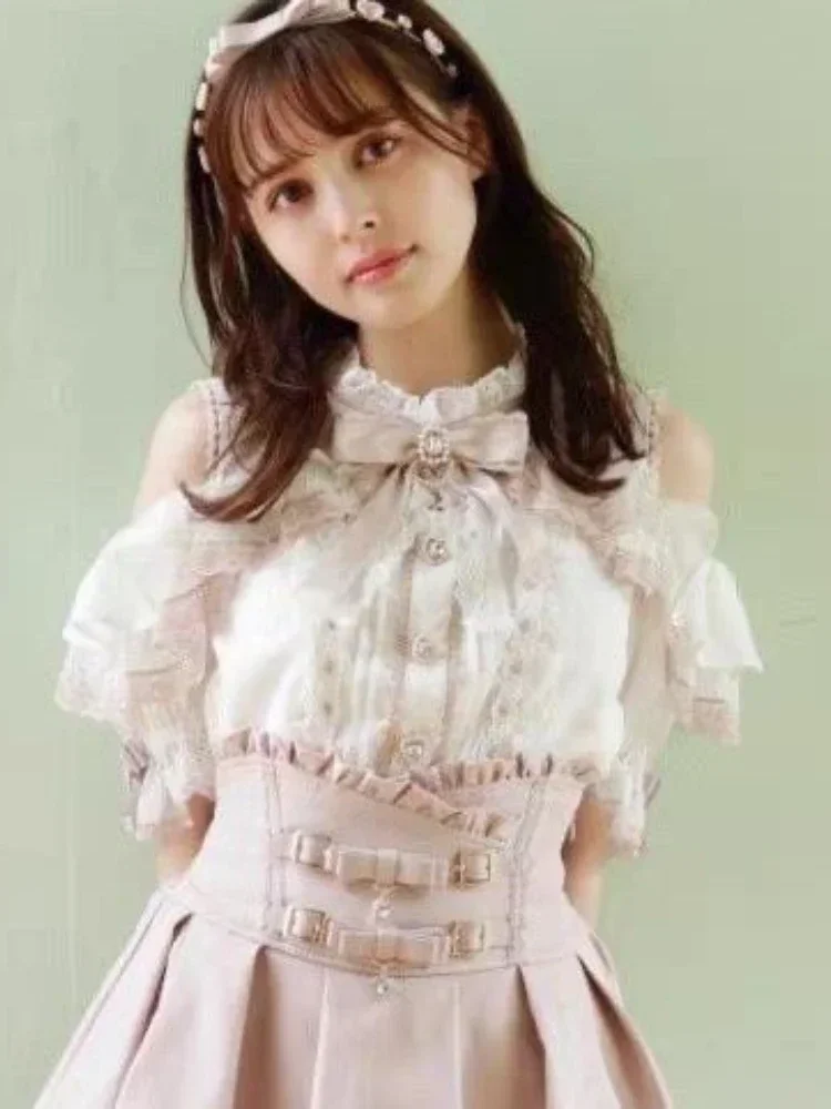 Blusa japonesa Lolita Kawaii con hombros descubiertos, camisas De retazos De encaje Y2k con lazo estético para Mujer, Blusas JK que combinan con todo