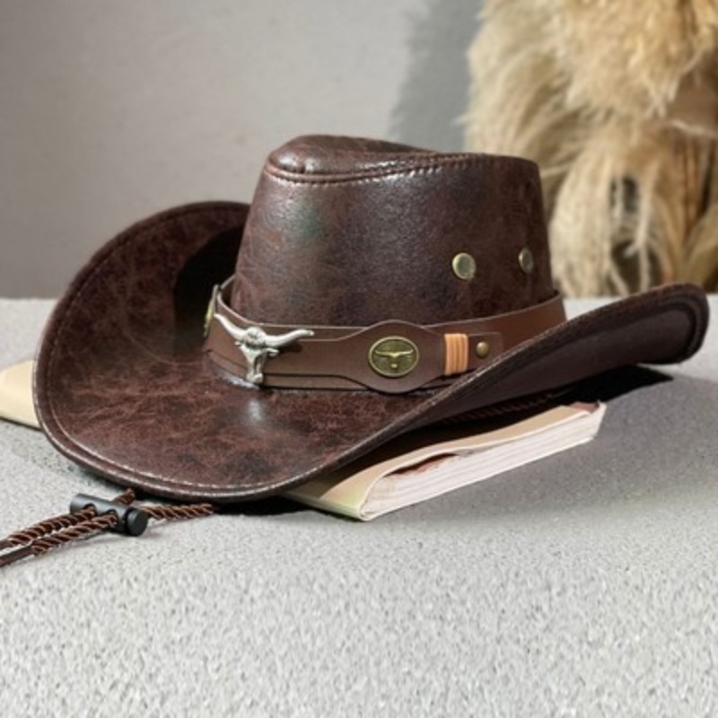 Faux Leather Western Cowboy Hats For Women Men Vintage Gentleman Dress Hats Panama Cowgirl Jazz Cap Sombrero Hombre
