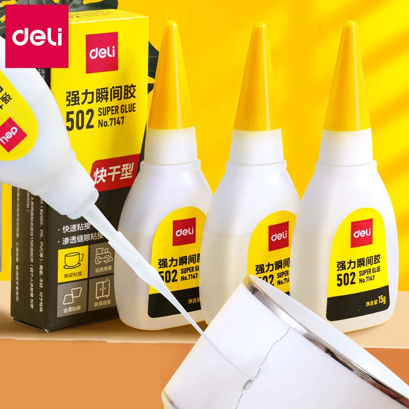 Deli 502 Super Colla Cianoacrilato ad asciugatura rapida Pelle istantanea Gomma Legno Metallo Strumento adesivo liquido a legame forte