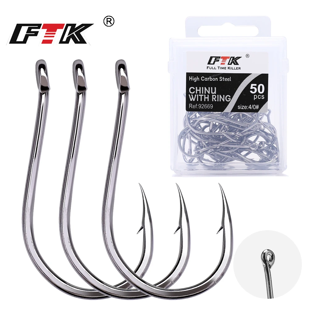 FTK CHINU Anzuelo con anilla de púas 1/0 # -5/0 # 50 piezas 1 # -7 # 100 Uds pesca en roca anzuelo de pesca en el mar anzuelo de acero negro con alto contenido de carbono