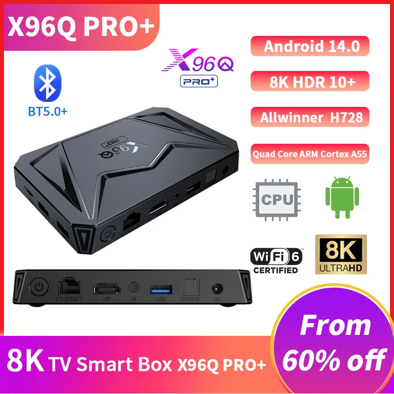 X96Q PRO + TV Box Android 14 Allwinner H728 Smart Box 1000M LAN BT5 Wifi6 2,4G/5G compatible con reproductor multimedia 8K Set Top Box 4GB 64GB