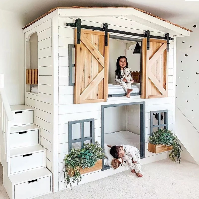 Cama de madera maciza para niños, cama alta y baja, cama doble para niños, cama de Granero