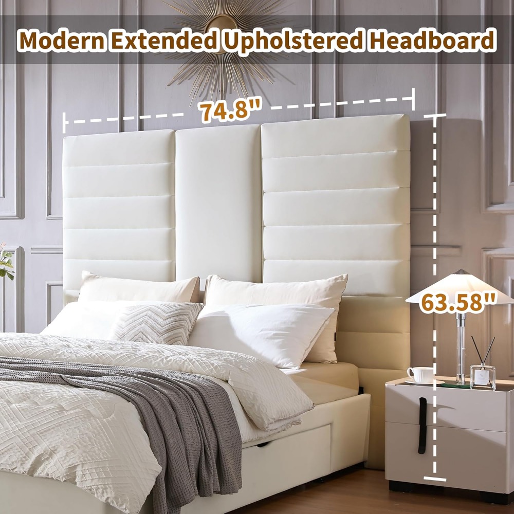 Queen Size Upholstered Bed Frame with Hidden Storage Drawers, Velvet Fabric, Modern Tufted Headboard, Heavy Duty Metal Frame, Ea