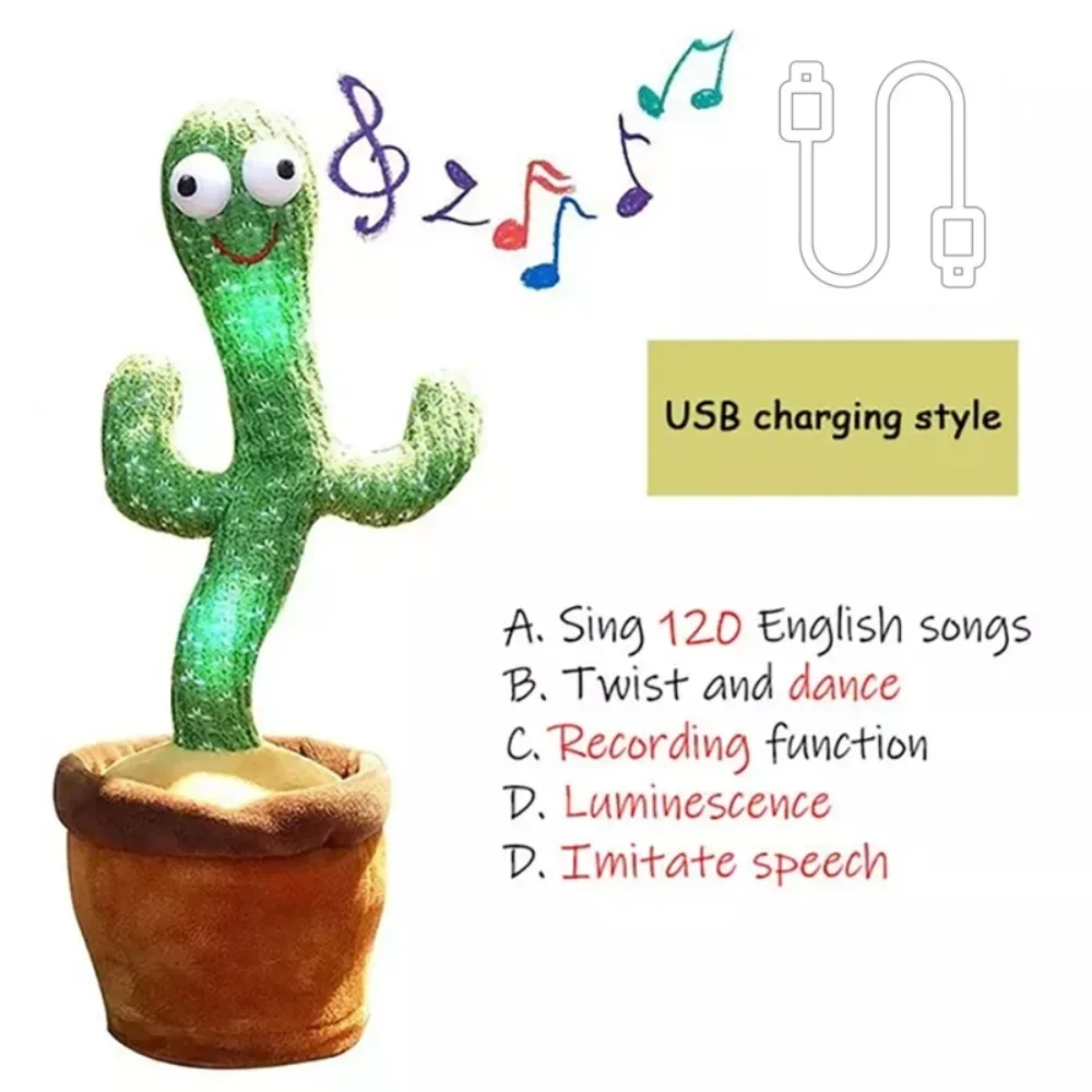 Dancing Cactus Talking Toy Plush with Voice Changing Function, 120 Pcs Songs USB Charging, Educational Gift for Children