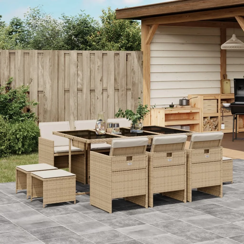 11-tlg. Gruppo da pranzo da giardino in polyrattan beige con cuscini
