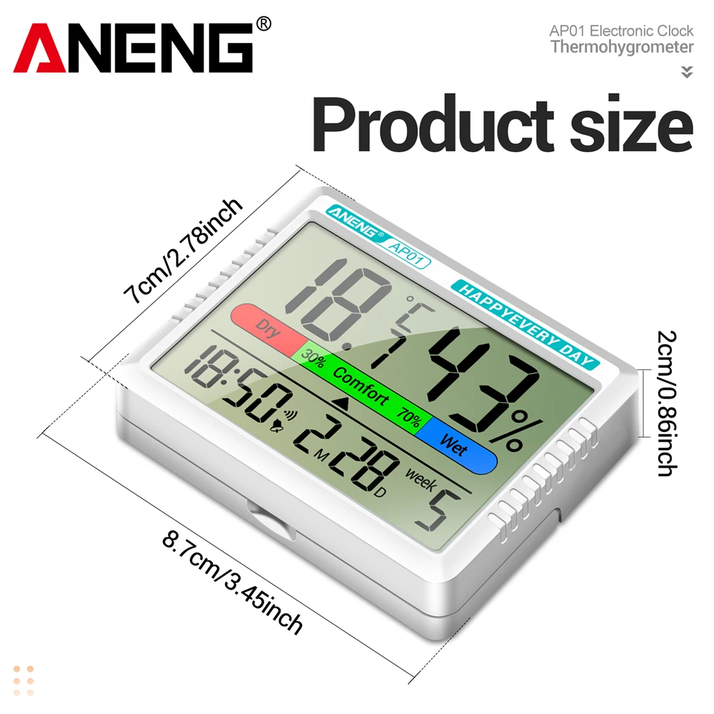 ANENG AP01 LCD Digital Thermometer Hygrometer Indoor Room Temperature Humidity Meter  Alarm Clock Weather Station For Home