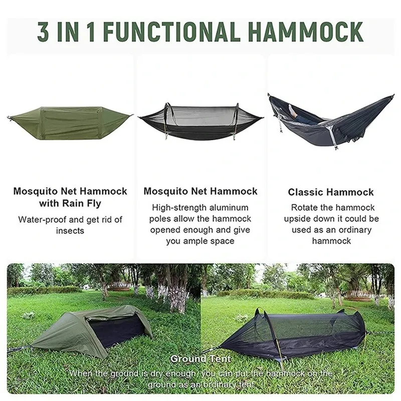 3-in-1 Tunnel Mosquito Net Hammock with Waterproof Rainfly - Tree Tent for Solo Camping, Lightweight & All-Weather Protection