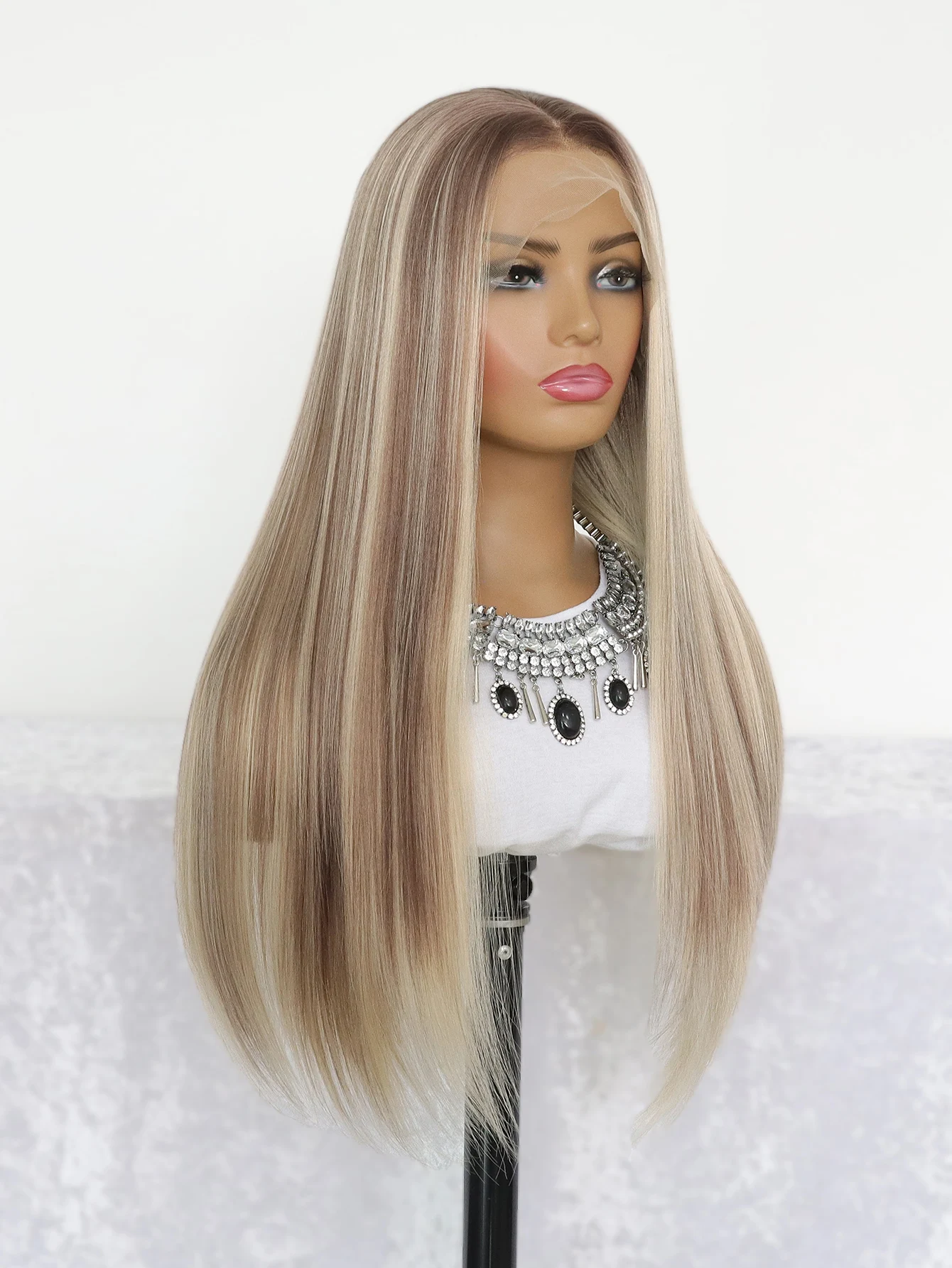 Highlight Bruine Synthetische Kant Pruiken Voor Vrouwen 13X4 Lace Front Pruik Pre Geplukt 24 Inch Rechte Kant Frontale Pruiken Blonde Dagelijks