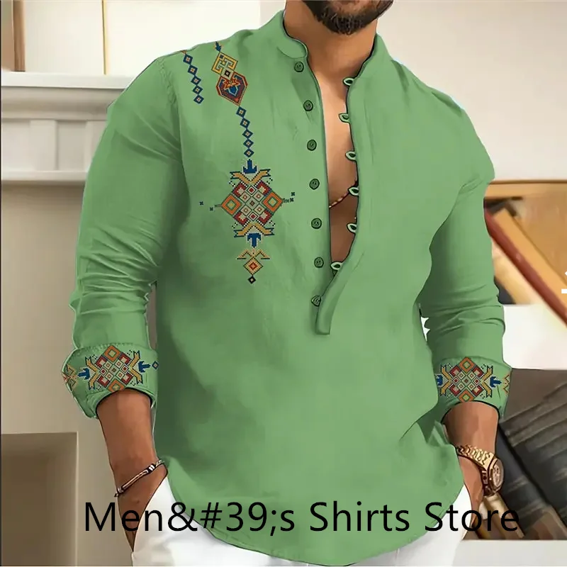 2024 Men's Hawaiian Shirt Long Sleeve Oversized V Neck 3D Vintage Shirt High Quality Four Seasons Large Size Clothing Multicolor