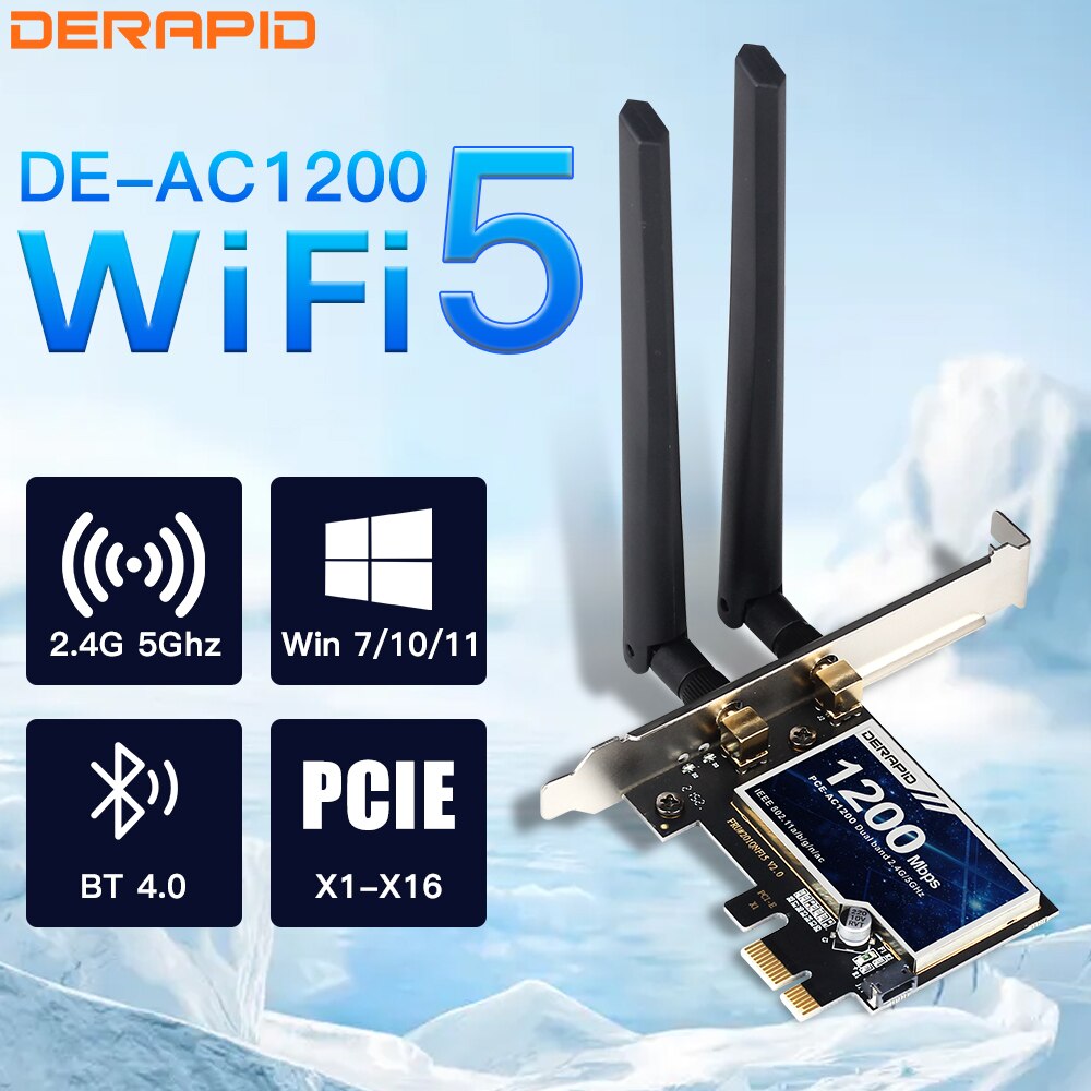 Derapid-adaptador WiFi AC1200 para ordenador de escritorio, tarjeta de red inalámbrica PCIE de 2,4 GHZ/5Ghz, Bluetooth de doble banda, Chip Intel para Windows 7/10/11