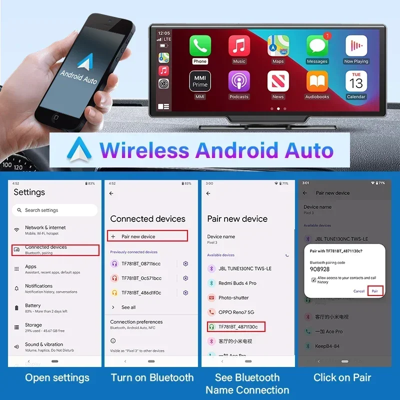 Srnubi 10.26 "Dash Cam Camera Chiếu Hậu Carplay Android Tự Động 4K Đầu Ghi Hình Đồng Hồ Định Vị GPS Ghi Bảng Điều Khiển Hai Ống Kính 24H Công Viên
