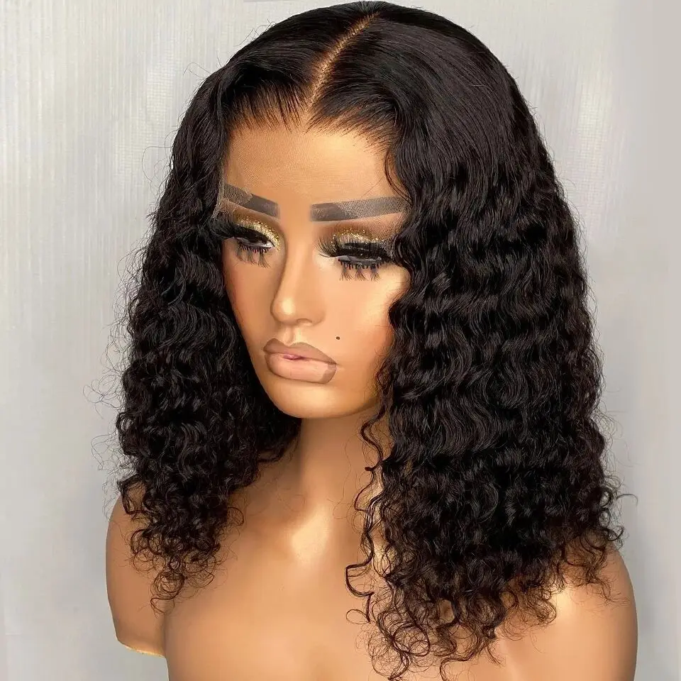 Wear And Go-pelucas Bob corto de cabello humano ondulado profundo 13x4 para mujer, peluca con malla frontal rizada sin pegamento, pronta para llevar, sin encaje