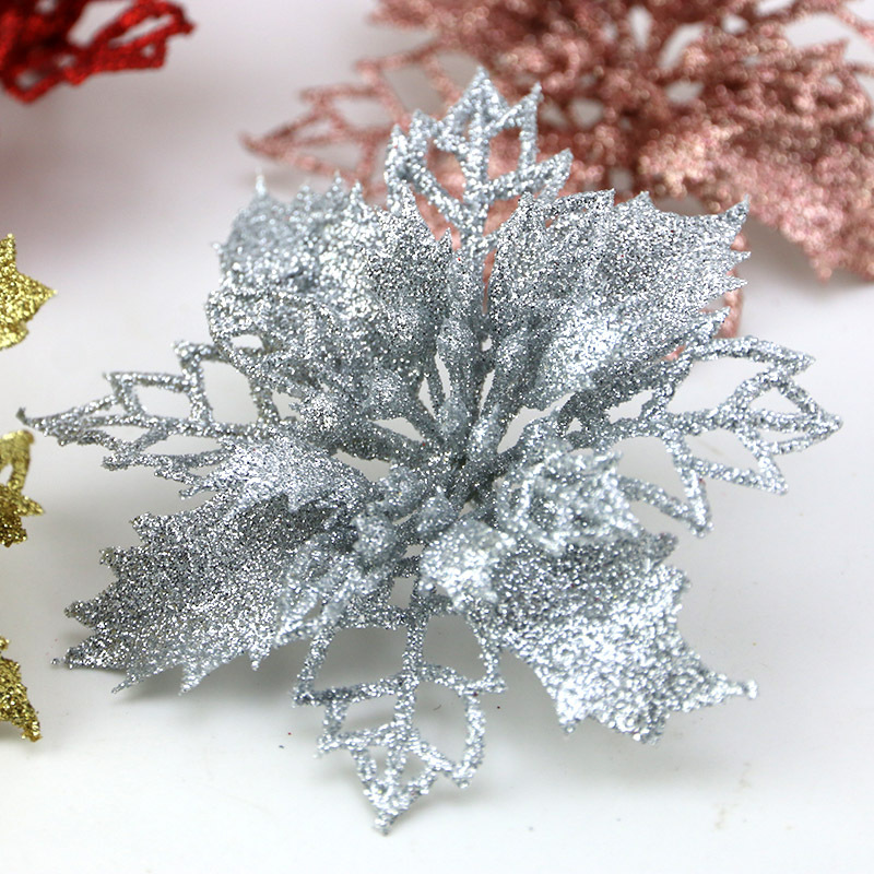 (10 Stück) Künstliche Weihnachtsbaum-Blumen-Glitzer-Dekorationen, Weihnachtsschmuck, Neujahrsgeschenk