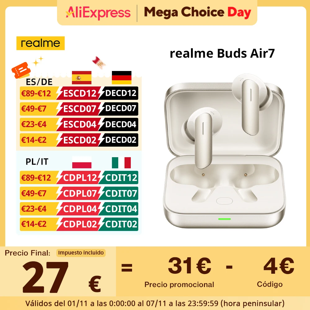 Global Version realme Buds Air 7 52dB Smart Active Noise Cancellation 12.4mm Deep Bass Driver Bluetooth5.4 360° Spatial Audio Effect IP55 Kopfhörer
