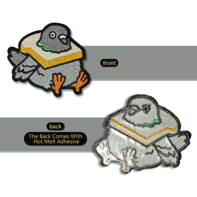 1PC Taube mit Toast bestickt Patch Eisen auf Nähen auf Patches für Kleidung Cap Tasche Jacke DIY Geschenk Humor Abzeichen mit heißem Kleber