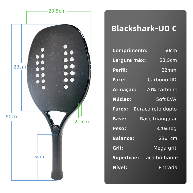 HOOWAN BLACKSHARK ไม้เทนนิสชายหาดคาร์บอน UD กราไฟท์พื้นผิวหยาบนุ่มสีขาว EVA Core แร็กเก็ตเทนนิสชายหาด 22 มม.
