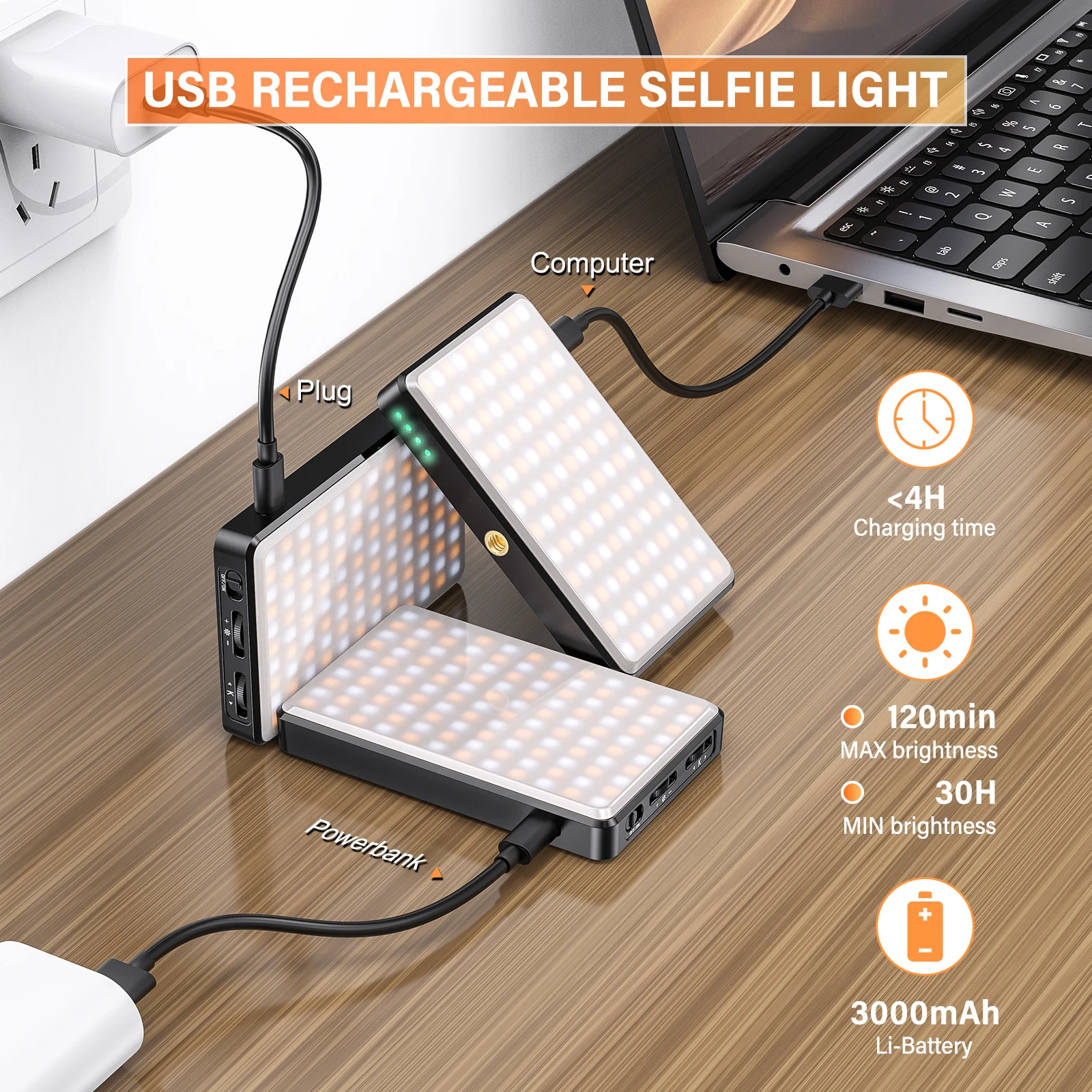 ST-120 LED-Videoleuchte, Fülllicht, wiederaufladbar, 3000 mAh, angepasst, 3 Lichtmodi, CRI95, tragbares Mini-Selfie-Licht 2500–9000 K