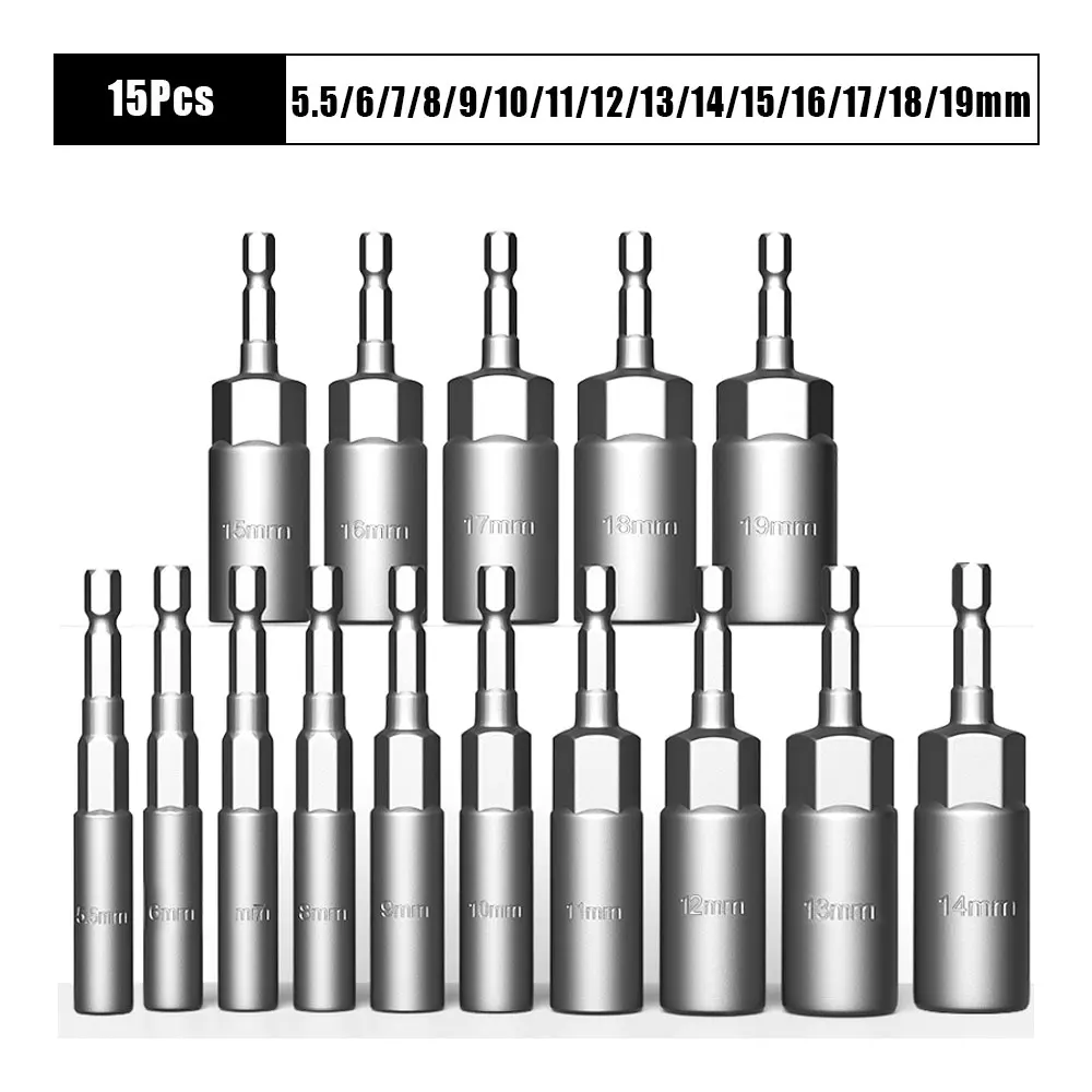 Adaptador de enchufe de impacto aprobado de longitud, juego de enchufe de destornillador de tuerca eléctrica de 5,5-19mm, destornillador de 1/4 pulgadas, juego de herramientas de mano con cabeza de llave, 10/15 Uds.